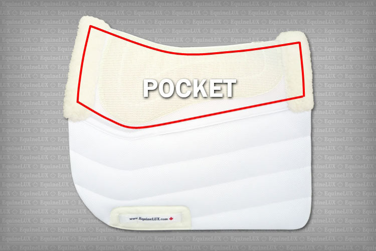 EquineLux PRESSURE-RELIEVING™ saddle pad with sheepskin lining, rolls, and pockets for shims