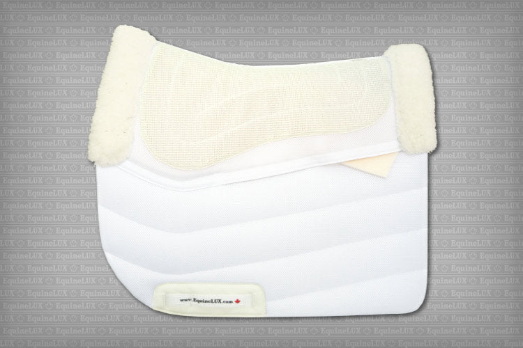 EquineLux PRESSURE-RELIEVING™ saddle pad with sheepskin lining, rolls, and pockets for shims
