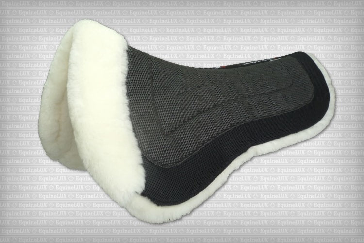 EquineLux ComfortLUX™ dressage half pad with sheepskin lining, pommel roll, and pockets for shims