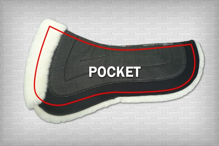 EquineLux ComfortLUX™ dressage half pad with sheepskin lining, pommel roll, and pockets for shims