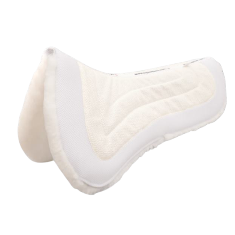 EquineLux ComfortLUX™ dressage half pad with sheepskin lining, pommel roll, and pockets for shims