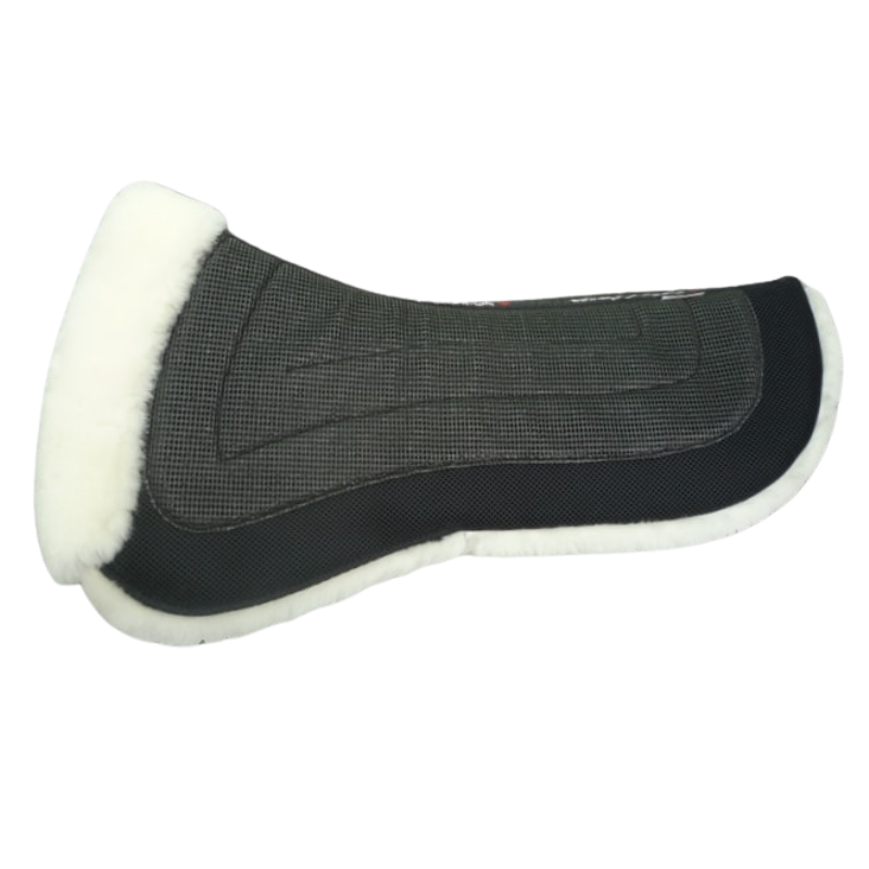 EquineLux ComfortLUX™ dressage half pad with sheepskin lining, pommel roll, and pockets for shims