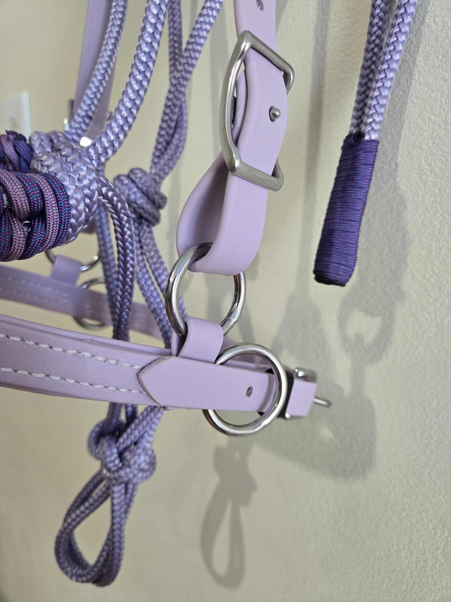 SB Lavender Biothane Endurance adjustable halter / bridle combo with removable noseband/ bitless bridle converter and optional bit attachments