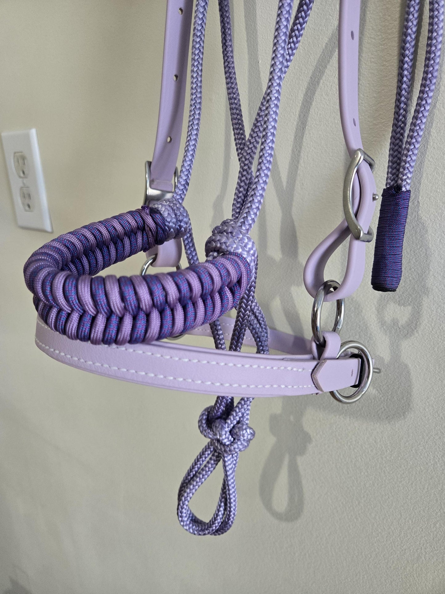 SB Lavender Biothane Endurance adjustable halter / bridle combo with removable noseband/ bitless bridle converter and optional bit attachments
