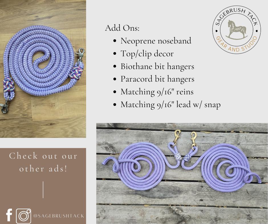 SB Lavender Biothane Endurance adjustable halter / bridle combo with removable noseband/ bitless bridle converter and optional bit attachments