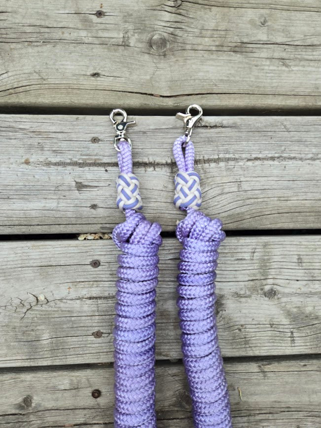 3/8" 20ft driving lines/ reins, lavender with silver snaps and paracord turkshead knots