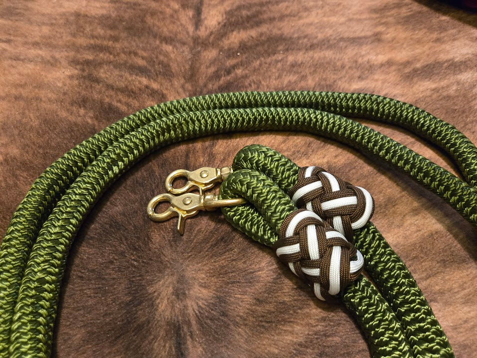 5/8" 8ft olive green reins with brass snaps and decorative paracord turkshead knots