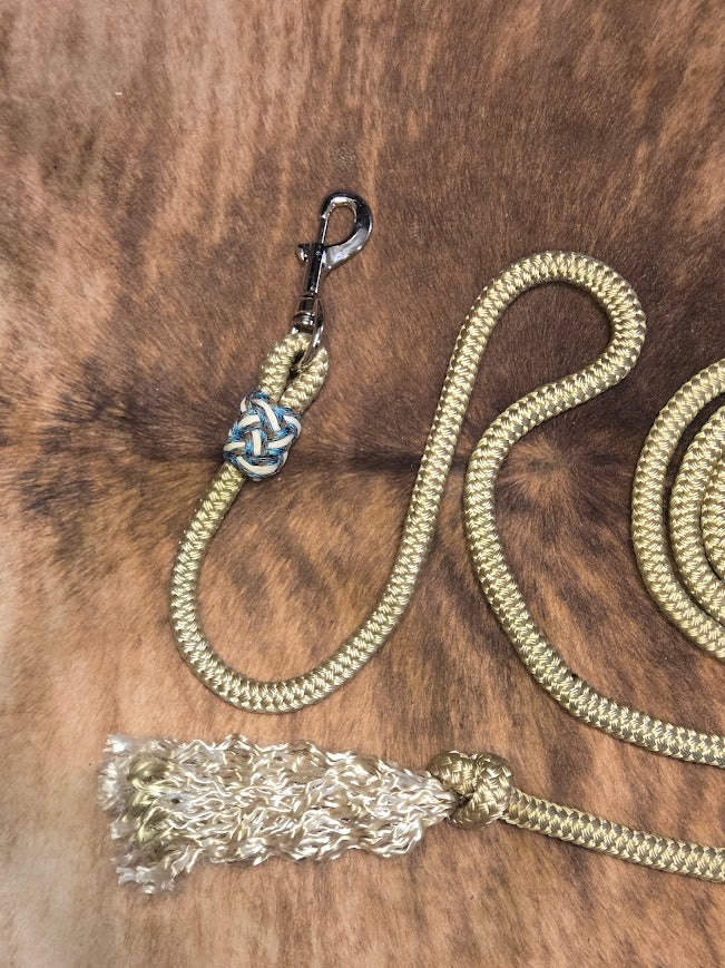 12ft 5/8" gold lead rope with brass twist panic snap and abyss/cream accents
