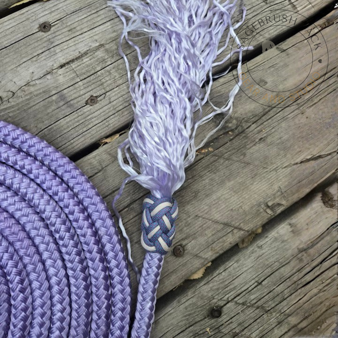 20ft 5/8" hand-dyed lavender mecate reins with leather popper and tassel end