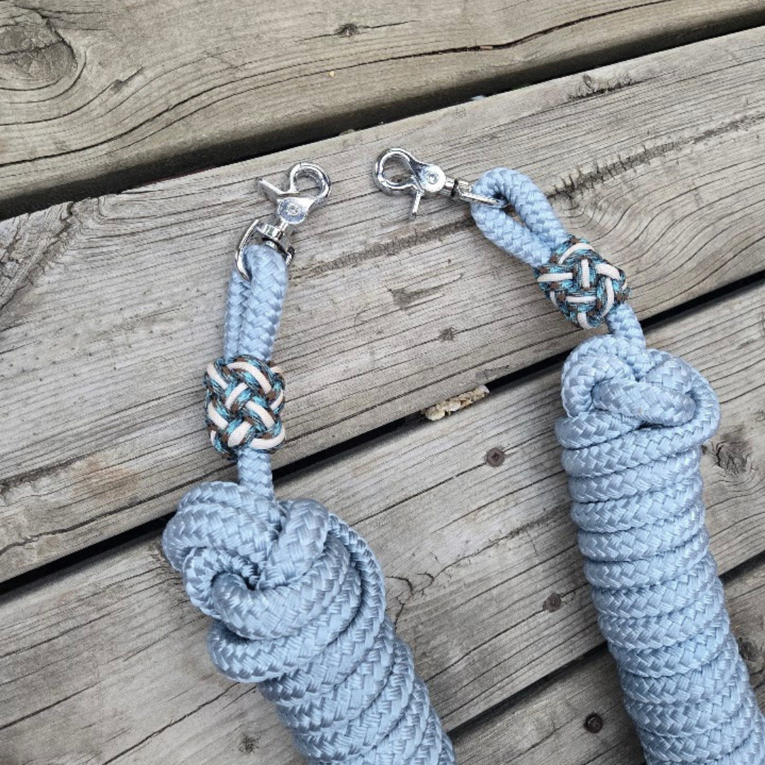 5/8" 21ft driving lines/ reins, sky blue with abyss/ cream accents