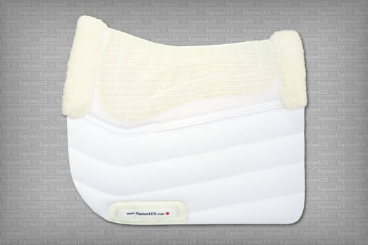 EquineLux PRESSURE-RELIEVING™ saddle pad with sheepskin lining, rolls, and pockets for shims