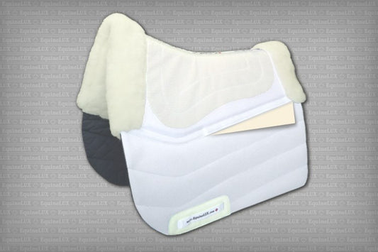 EquineLux PRESSURE-RELIEVING™ saddle pad with sheepskin lining, rolls, and pockets for shims