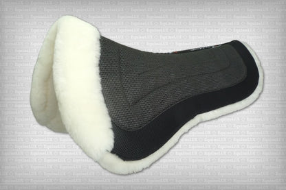 EquineLux ComfortLUX™ dressage half pad with sheepskin lining, pommel roll, and pockets for shims