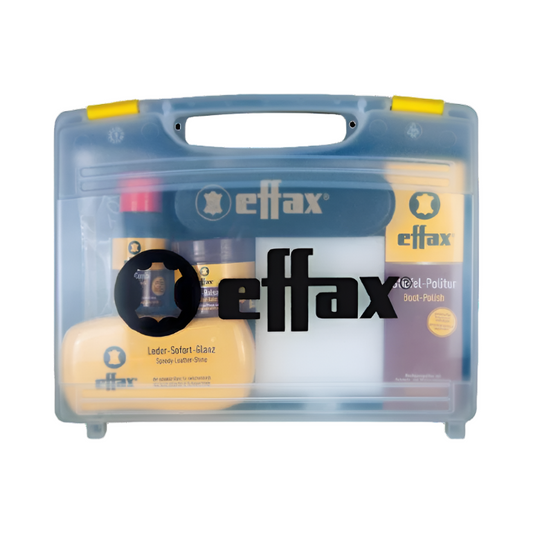 A Effax leather care kit in a plastic carrying case, containing various leather care products including cleaners and polishes.