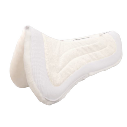 EquineLux ComfortLUX™ dressage half pad with sheepskin lining, pommel roll, and pockets for shims