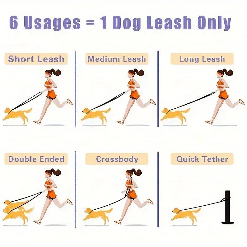 Dog leash usage chart showing multiple applications with a single leash.