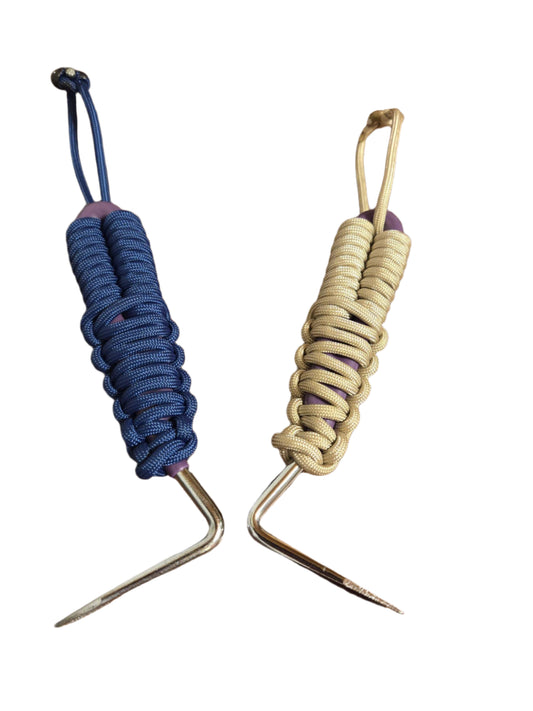 Navy and cream braided paracord hoof picks with tie attachment
