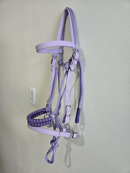 SB Lavender Biothane Endurance adjustable halter / bridle combo with removable noseband/ bitless bridle converter and optional bit attachments