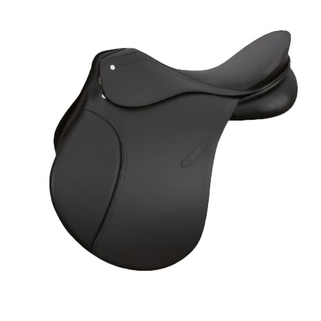 Black all-purpose English saddle with knee rolls and optional design variations on the cantle.