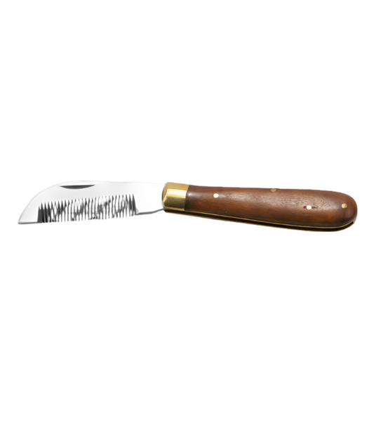 A grooming knife with a wooden handle and a stainless steel blade, designed for thinning horse manes.